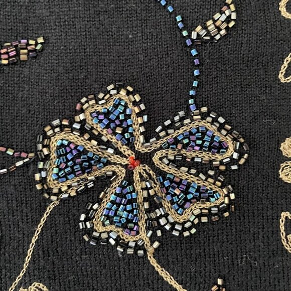 Carole Little Wool Beaded Embroidered Knit Sweater Women Size Large Black Floral - Picture 5 of 10